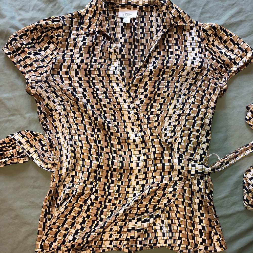 Retro Pattern Satin Belted Wrap Blouse Size M